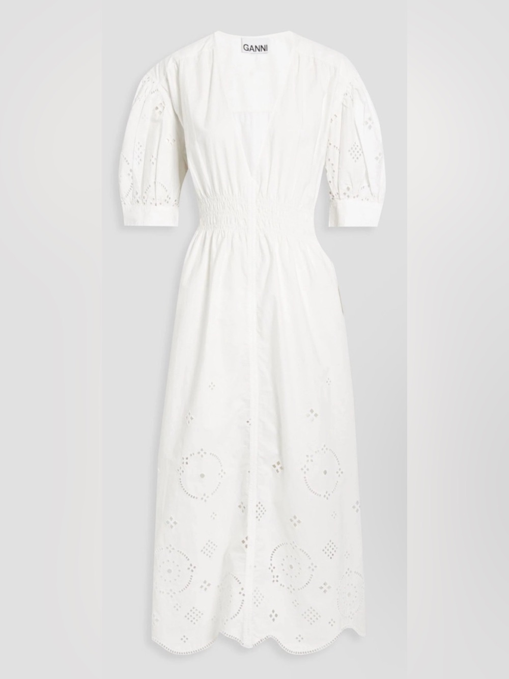 Ganni Organic Broderie Anglaise Eyelet Midi Dress w/Puff Sleeve - Size 34 (US 2)